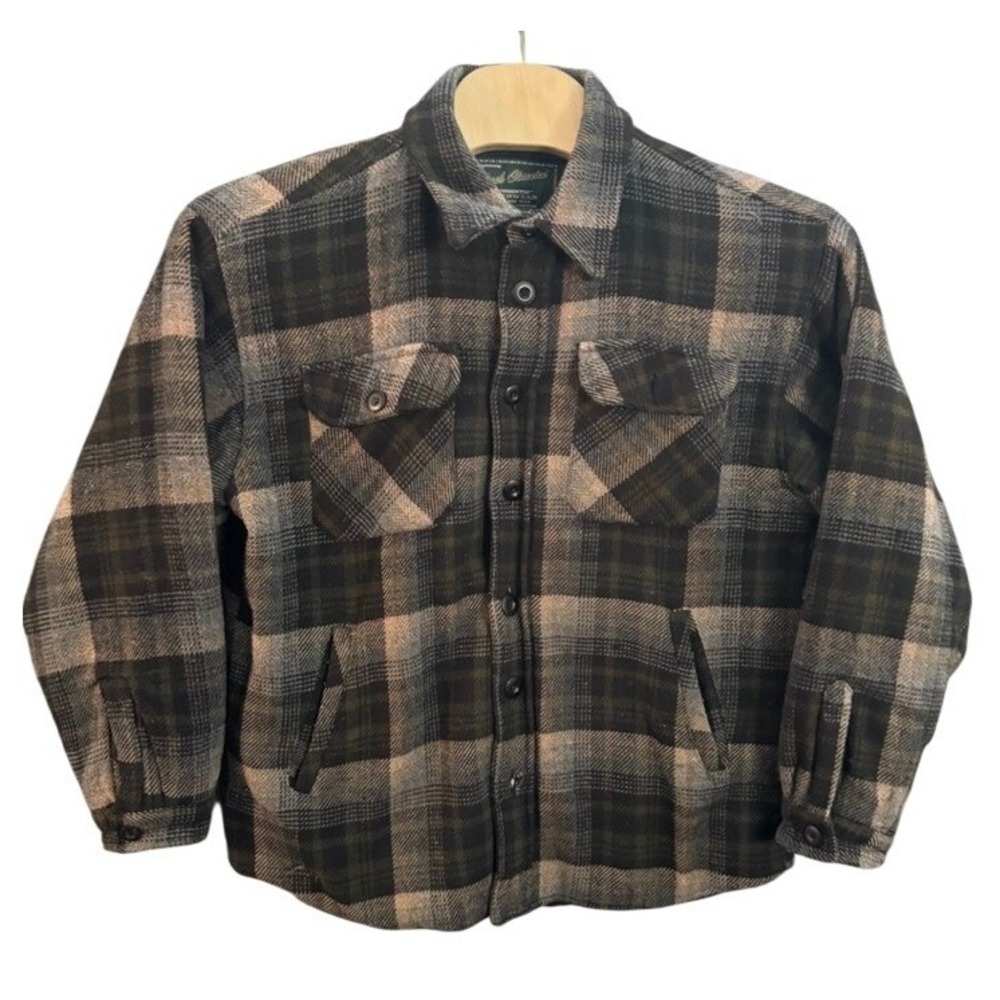 Dash Classics Mens Plaid Flannel Shirt Jacket Green Brown Wool Blend Quilted L